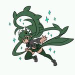  1girl alex_ahad angry bangs battle_pose breast_pocket breasts chibi clone dark_persona dark_skin extra_mouth female flat_color fukua_(skullgirls) green_eyes green_hair green_legwear impossible_clothes impossible_shirt loafers long_hair looking_at_viewer medium_breasts miniskirt necktie official_art parasite pocket prehensile_hair school_uniform shamone_(skullgirls) sharp_teeth shirt shoes simple_background skirt skullgirls solo sparkle thick_thighs thighhighs thighs very_long_hair white_background wrist_cuffs zettai_ryouiki 