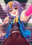  :d bad_id bad_pixiv_id bangs belly_peek bespectacled blush bow bowtie breasts buttons cowboy_shot flipped_hair foreshortening glasses glowing glowstick hair_intakes hair_ornament highres holding idol idolmaster idolmaster_cinderella_girls koshimizu_sachiko lens_flare lights long_sleeves looking_at_viewer midriff navel open_mouth orange_eyes outline outstretched_arm p-head_producer polka_dot purple_hair red-framed_eyewear ribbon short_hair skirt small_breasts smile solo spotlight star star_print umihotaru_harumare 