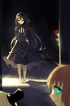  akemi_homura barefoot black_dress black_hair blue_eyes blurry brown_hair clara_dolls_(madoka_magica) depth_of_field doll dress empty_eyes expressionless funeral_dress hairband hiding highres homulilly long_hair mahou_shoujo_madoka_magica mahou_shoujo_madoka_magica_movie peeking purple_eyes red_hair sad smile spoilers zgxuke 