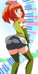  :d ass blush elbow_gloves flower from_behind gloves green_eyes green_gloves green_legwear hair_flower hair_ornament harune_ui haruyama_kazunori looking_at_viewer looking_back minarai_diva musical_note open_mouth orange_hair short_hair smile solo thighhighs twintails 