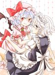  apron ascot bat_wings blue_eyes blue_hair bow braid brooch dress hat hat_bow hug izayoi_sakuya jewelry looking_at_viewer maid maid_headdress maru_usagi mob_cap multiple_girls open_mouth pink_dress pink_eyes pointy_ears puffy_sleeves purple_dress remilia_scarlet shirt short_sleeves silver_hair simple_background skirt skirt_set slit_pupils smile touhou twin_braids vest waist_apron white_background wings wrist_cuffs 