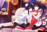  2girls bed bed_sheet black_hair breasts china_dress chinese_clothes clock clock_eyes date_a_live feet flower hair_over_one_eye hairband hand_holding lantern legs long_hair looking_at_viewer miniskirt multiple_girls on_bed open_mouth pantyhose paper_fan pillow red_eyes ribbon sitting skirt small_breasts smile thighhighs thighs tokisaki_kurumi twintails very_long_hair wariza 