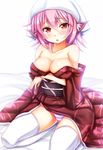  :o animal_ears bare_shoulders blush breasts cleavage collarbone ebi_193 head_scarf japanese_clothes kimono large_breasts looking_at_viewer md5_mismatch mystia_lorelei obi off_shoulder okamisty panties pantyshot pink_hair red_eyes sash short_hair solo striped striped_panties thighhighs touhou underwear white_legwear wings 