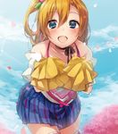  :d bare_shoulders blue_eyes blue_skirt blush choker happy_maker! heart kousaka_honoka looking_at_viewer love_live! love_live!_school_idol_project miseo_(mrkglove) one_side_up open_mouth orange_hair petals plaid plaid_skirt pom_poms short_hair skirt smile solo 