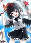  :d black_hair black_wings frilled_skirt frills hakurei_reimu hat hauchiwa highres himekaidou_hatate looking_at_viewer newspaper open_mouth photo_(object) pointy_ears red_eyes shameimaru_aya shirt short_hair short_sleeves skirt smile solo soooooook2 tokin_hat touhou wings 