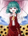  :d ascot eyes flower green_hair highres kazami_yuuka long_sleeves open_mouth parasol plaid plaid_skirt plaid_vest shirt short_hair skirt smile soooooook2 sunflower touhou umbrella vest 