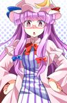  :o bespectacled blush bow crescent e.o. glasses hands_on_hips hat highres long_hair looking_at_viewer mob_cap nightgown nose_blush open_mouth patchouli_knowledge purple_eyes purple_hair solo striped striped_pajamas touhou very_long_hair 