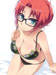  alternate_hairstyle aqua_eyes bespectacled bra breasts cleavage collarbone commentary_request flower glasses green_bra green_panties hair_up hand_on_own_chest hayashi_custom highres hong_meiling large_breasts looking_at_viewer on_bed panties red_hair rose sitting sitting_on_bed smile solo touhou underwear underwear_only white_flower white_rose 