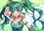  aqua_eyes aqua_hair arm_up breasts cleavage flower hair_flower hair_ornament hatsune_miku hikari_no jewelry long_hair looking_at_viewer medium_breasts necklace solo twintails vocaloid 
