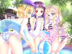  ass bad_id bad_pixiv_id ball beachball beret bikini blonde_hair blue_eyes braid breasts dolphin drill_hair glasses gorua_(youce01) hat highres innertube large_breasts multiple_girls one-piece_swimsuit original purple_hair red_eyes swimsuit wading_pool water 
