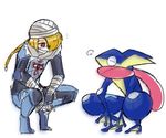  bad_id bad_twitter_id bandages blonde_hair braid gen_6_pokemon greninja long_hair o0rikka0o pokemon pokemon_(creature) red_eyes sheik squatting super_smash_bros. the_legend_of_zelda the_legend_of_zelda:_ocarina_of_time tongue 