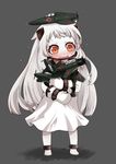  ahoge aircraft airplane dress horns j7w_shinden jariinu_(gomasionori) kantai_collection long_hair mittens northern_ocean_hime object_hug open_mouth pale_skin red_eyes shinkaisei-kan solo standing wavy_mouth white_dress white_hair 