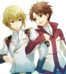  arm_grab blonde_hair blue_eyes brown_hair buddy_complex green_eyes jun'you_dio_weinburg military military_uniform multiple_boys open_mouth short_hair smile uniform watase_aoba 