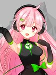  black_gloves blush braid cable commentary elbow_gloves gloves hair_ornament hairclip headphones long_hair lowres momosaka_hina open_mouth pink_eyes pink_hair promotional_art race_queen razer side_braid single_braid smile solo tsukigami_runa 