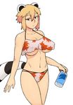  animal_ears araiguma-san bikini blonde_hair bottle breasts covered_nipples crop_top crop_top_overhang expressionless large_breasts navel original raccoon_ears raccoon_tail red_eyes short_hair solo swimsuit tail tsukudani_(coke-buta) underboob 