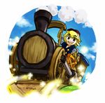  1boy blonde_hair hat link pointy_ears railroad_tracks sen_(pixiv111638) smile spirit_tracks the_legend_of_zelda the_legend_of_zelda:_spirit_tracks train train_tracks 