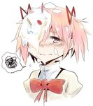  birthday_cake blush bow cake cake_in_face candle damenano104 food fruit hair_ribbon kaname_madoka mahou_shoujo_madoka_magica pink_eyes pink_hair ribbon short_twintails solo spoken_squiggle squiggle strawberry tearing_up tears twintails 