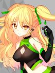  black_gloves blonde_hair blush cleavage_cutout commentary earbuds earphones elbow_gloves gloves halter_top halterneck long_hair lowres promotional_art race_queen razer shirogane_yui single_earphone_removed smile solo tsukigami_runa two_side_up yellow_eyes 