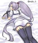  absurdly_long_hair ass black_gloves black_legwear dress eyebrows fan folding_fan gloves hair_intakes hatsuharu_(kantai_collection) kantai_collection kneepits long_hair looking_back lying nazunakku on_stomach ponytail purple_eyes purple_hair sailor_dress shide short_sleeves solo thighhighs twitter_username very_long_hair zettai_ryouiki 