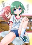  &gt;_&lt; absurdres blue_eyes buruma closed_eyes green_hair gym_uniform highres iwasaki_minami kobayakawa_yutaka lucky_star multiple_girls panties panties_under_buruma pantyshot red_hair rokushaku_neko shoes short_hair smile sneakers socks sweat translation_request twintails underwear vaulting_horse white_legwear white_panties 