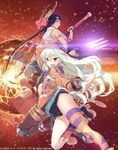  2girls :o ar_nosurge armlet armor bangs bare_shoulders beret black_hair boots bow bra breasts bridal_gauntlets casty_rianoit claw_(weapon) clenched_teeth clothes_writing company_name dated delta_lantanoir drawstring fighting_stance floating_hair glowing grey_hair hair_between_eyes hair_ornament hand_on_headwear hat high_heels highres holding holding_weapon hood hoodie japanese_clothes knee_pads large_breasts leg_lift long_hair long_sleeves looking_at_viewer midriff miko molten_rock motion_blur multiple_girls neon_trim official_art open_clothes open_hoodie open_mouth outstretched_arm pants print_legwear profile purple_eyes rachette_(ar_nosurge) red_eyes ribbon_trim short_hair short_shorts shorts sideboob silver_hair single_thighhigh skindentation small_breasts spiked_hair staff star star_print surge_concerto tank_top tatsuwo teeth thighhighs thighlet torn_clothes underwear very_long_hair weapon wristband 