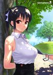  arms_behind_back bangs bare_shoulders black_hair blush breasts dappled_sunlight day earrings hair_between_eyes highres jewelry large_breasts long_hair looking_at_viewer original outdoors park ponytail red_eyes shade sleeveless solo sunlight tree upper_body watermark wox 