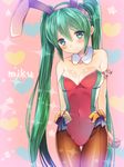  animal_ears blue_eyes blush bunny_ears bunnysuit character_name covered_navel green_hair hatsune_miku hikari_no leotard long_hair pantyhose red_leotard smile solo twintails very_long_hair vocaloid 