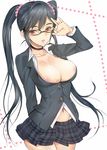  adjusting_eyewear areola_slip areolae belly_peek black_hair blush breasts bursting_breasts choker cleavage coin_rand collarbone glasses highres large_breasts long_hair looking_at_viewer navel original pleated_skirt red_eyes skirt solo twintails undersized_clothes very_long_hair white_background 