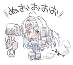  ahoge all_terrain_crane_(ole_tower) armor blue_legwear blush chibi crane frilled_skirt frills ground_vehicle headband leg_up long_hair motor_vehicle ole_tower oota_yuuichi open_mouth pink_eyes pleated_skirt silver_hair simple_background skirt solo thighhighs truck truck_crane_(ole_tower) white_background 