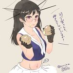  bad_id bad_pixiv_id black_hair blush breasts choukai_(kantai_collection) cream cream_on_face cream_puff eating food food_on_face glasses gloves hair_ornament highres kantai_collection long_hair medium_breasts midriff navel oniku_(oishii_oniku) pleated_skirt red_eyes rimless_eyewear school_uniform skirt solo translation_request 