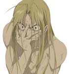  ahoge bad_id bad_pixiv_id blonde_hair brown_eyes father_(fma) frown fullmetal_alchemist hand_on_own_face highres long_hair male_focus parody shiro_coffee_(saiga) shirtless solo style_parody veins white_background wide-eyed yellow_eyes 