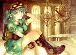  armillary_sphere bad_id bad_pixiv_id belt blue_eyes blue_hair boots breasts brown_gloves chandelier color_ink_(medium) cross-laced_footwear dress full_body gears gloves goggles goggles_on_head goggles_on_headwear hair_bobbles hair_ornament hand_on_own_head hat kawashiro_nitori keiko_(mitakarawa) key lace-up_boots looking_at_viewer machinery medium_breasts short_hair short_sleeves sitting skirt skirt_set smile solo stairs steampunk touhou traditional_media two_side_up utility_belt wrench 