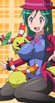  big_breasts blush breasts chingling earrings erect_nipples formal gari_(artist) green_hair hat jacket jewelry large_breasts leotard long_hair magician pantyhose pokemon pokemon_(anime) purple_eyes ribbon shizue_(pokemon) suit top_hat 