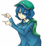  backpack bag blue_eyes blue_hair dress hair_bobbles hair_ornament hat kanfuru kawashiro_nitori key long_sleeves pocket pointing pointing_finger pointing_forward short_hair short_twintails simple_background skirt skirt_set solo touhou twintails two_side_up white_background 