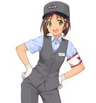  armband blue_shirt brown_hair cowboy_shot dolphin_hair_ornament gloves green_eyes grey_hat grey_pants grey_vest hair_ornament hands_on_hips hat highres inou_shin name_tag official_art open_mouth pants safety_pin shibaguchi_konomi shirt short_hair short_sleeves simple_background smile solo tetsudou_musume translated uniform vest white_background white_gloves yokohama_seaside_line 