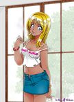  blonde_hair blue_eyes bracelet cigarette clothes_writing denim denim_skirt ganguro jewelry lighter lipstick long_hair makeup maki_michaux midriff misakitchi navel original skirt smile smoking solo tan tank_top tanline window 