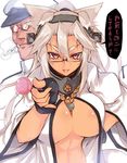  1girl admiral_(kantai_collection) admiral_(kantai_collection)_(cosplay) animal_ears areola_slip areolae blazblue blonde_hair blush breasts candy cat_ears cleavage coat commentary_request cosplay dark_skin fang fingerless_gloves food glasses gloves hat headgear iron_tager kantai_collection kokonoe kokonoe_(cosplay) large_breasts long_hair looking_at_viewer military military_uniform musashi_(kantai_collection) open_mouth pointy_hair red_eyes ro-ga_(kurumaya) semi-rimless_eyewear shiny shiny_skin translation_request uniform 