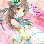  2014 bare_shoulders bow brown_eyes brown_hair crown dated detached_sleeves hat koyomino long_hair love_live! love_live!_school_idol_project midriff minami_kotori navel paw_print puffy_detached_sleeves puffy_sleeves ribbon smile striped striped_bow striped_ribbon translated 