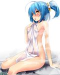  ahoge blue_hair blush breasts covering covering_breasts huge_ahoge k_liss_s nude ole_tower onsen open_mouth rock short_hair short_ponytail side_ponytail sideboob simple_background sitting skid-steer_loader_(ole_tower) small_breasts solo steam water wet white_background yellow_eyes 