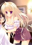  1girl absurdres blonde_hair blush breasts brown_hair candlestand cleavage covered_nipples detached_sleeves highres large_breasts long_hair off_shoulder picture_frame purple_eyes straddling tsurusaki_takahiro 
