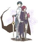  alternate_hairstyle back-to-back back_to_back book cape cloak fire_emblem fire_emblem:_kakusei gloves hair_over_one_eye hood krom my_unit my_unit_(fire_emblem:_kakusei) shoulder_guard sword sword_in_the_ground sword_plant tokusa_riko weapon 