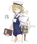  blonde_hair blue_eyes book bookmark glasses hat i-8_(kantai_collection) kantai_collection kawashina_(momen_silicon) low_twintails mouth_hold name_tag one-piece_swimsuit peaked_cap school_swimsuit solo swimsuit twintails white_legwear 