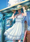  adjusting_clothes adjusting_hat aqua_eyes aqua_hair arms_up bus_stop cloud day dress hat hatsune_miku highres isai_shizuka jewelry long_hair necklace pendant sky sleeveless smile solo straw_hat sundress twintails umbrella very_long_hair vocaloid 
