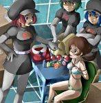  4girls black_hat black_skirt blue_bra blue_eyes blue_hair bound box bra breasts brown_eyes brown_hair cleavage collarbone creatures_(company) crossed_arms elbow_gloves game_freak gloves green_hair grey_gloves grey_legwear hand_on_hip hat highres index_finger_raised indoors kotone_(pokemon) long_hair medium_breasts miniskirt multiple_girls nintendo open_mouth panties pantyhose pencil_skirt poke_ball pokemon pokemon_(game) pokemon_hgss red_eyes red_hair restrained rope shiijisu shiny shiny_skin short_hair short_sleeves sitting skirt small_breasts standing striped striped_panties team_rocket team_rocket_grunt team_rocket_uniform tied_up twintails underwear underwear_only v-shaped_eyebrows 