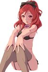  bare_shoulders black_legwear blush bow bra breasts clearite collar garter_straps hair_bow hands_on_own_knees highres looking_at_viewer love_live! love_live!_school_idol_project mogyutto_&quot;love&quot;_de_sekkin_chuu! nishikino_maki open_mouth panties red_hair short_ponytail sitting small_breasts smile solo thighhighs underwear underwear_only white_background 