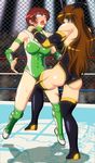  2girls ass bare_shoulders blue_eyes blush boots breasts brown_hair bruise cage cunt_punt dark_star_chaos erect_nipples from_behind injury kicking knee_pads large_breasts leotard long_hair mask multiple_girls noppo-san open_mouth rolling_eyes ryona short_hair sweat tears tongue tongue_out wrestle_angels wrestling wrestling_outfit wrestling_ring yoshihara_mimi 