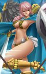  1girl ari_rayoko armor battle blood braid breasts cape clenched_teeth curvy dressrosa injury large_breasts long_hair looking_at_viewer midriff navel one_piece pink_hair rebecca_(one_piece) shield solo_focus sword teeth thighs weapon wide_hips 