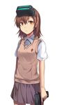  brown_eyes brown_hair gun handgun head_mounted_display ido_(teketeke) misaka_imouto school_uniform short_hair sweater_vest to_aru_majutsu_no_index weapon 