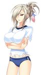  1girl amagai_yukino bloomers breasts brown_eyes buruma crossed_arms game_cg grey_hair gym_uniform hair_over_one_eye large_breasts legs looking_away ponytail simple_background solo standing thighs torn_clothes transparent_background tsuyokiss_next_shokaiban white_background 