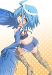  ahoge blue_hair blue_wings butt_crack claws feathered_wings feathers from_behind harpy jowan'nu looking_back monster_girl monster_musume_no_iru_nichijou papi_(monster_musume) polka_dot polka_dot_background short_shorts shorts sidelocks solo talons wings yellow_eyes 